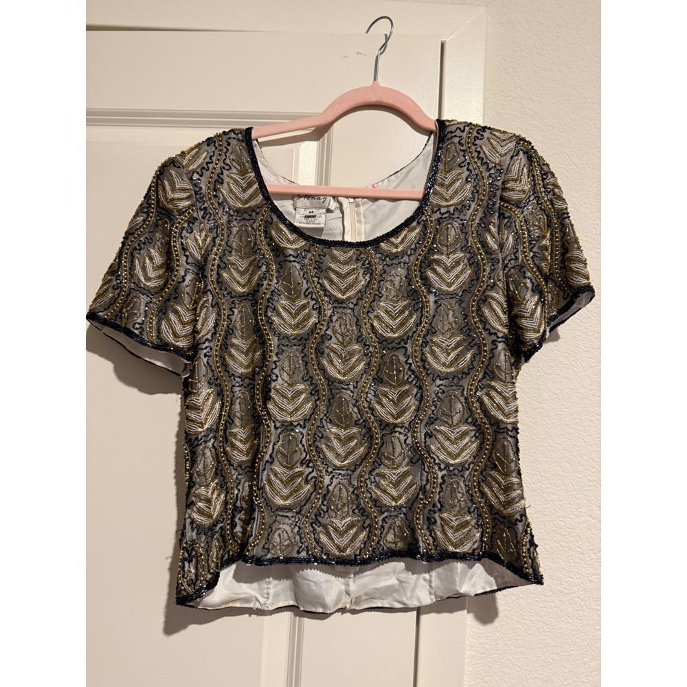 Vintage Stenay Beaded Silk Top Gold Black Art Deco Sequin Evening Blouse Medium